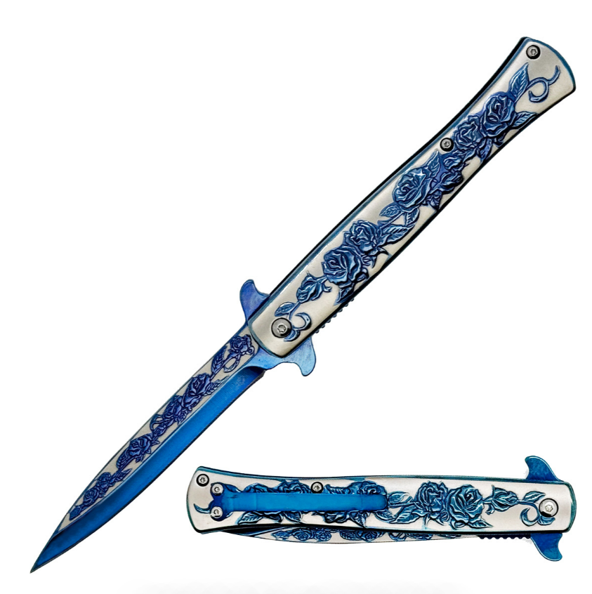 9" Luxury Blue Rose Spring Assisted Knife